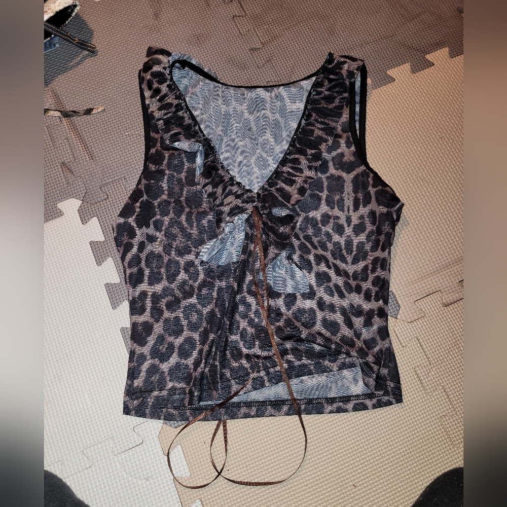 Leopard print mesh ruffle top